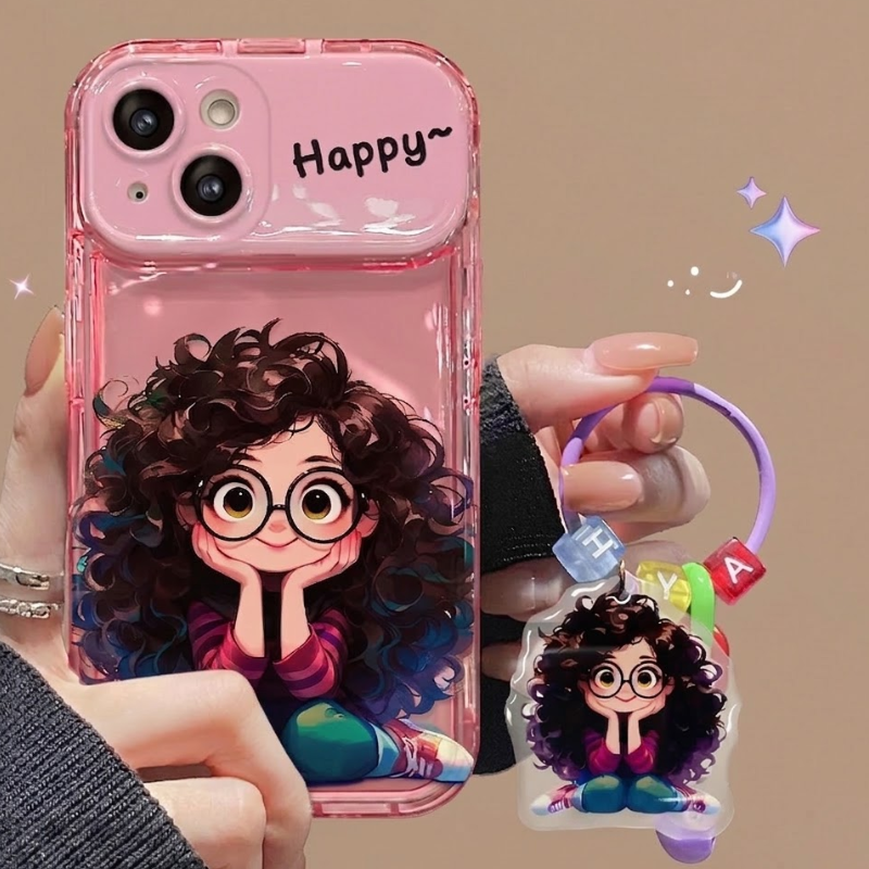 Frizzy Glasses Girl Pendant Flip Mirror Phone Case