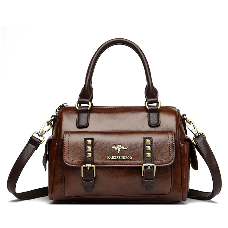 Rebel Stud Waxed Leather Boston Handbag