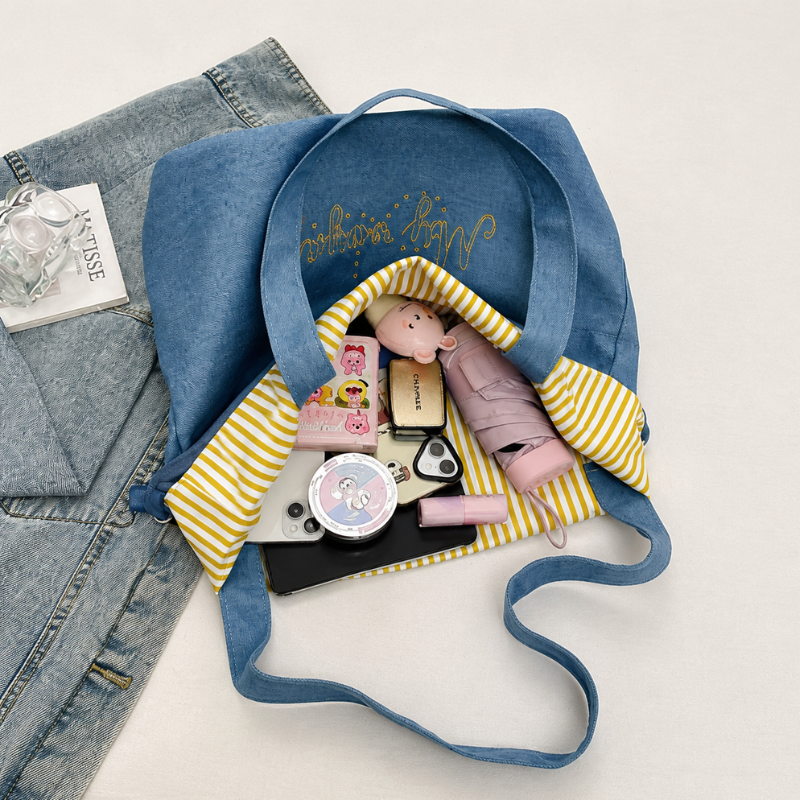 Modern Denim Embroidered Tote Bag