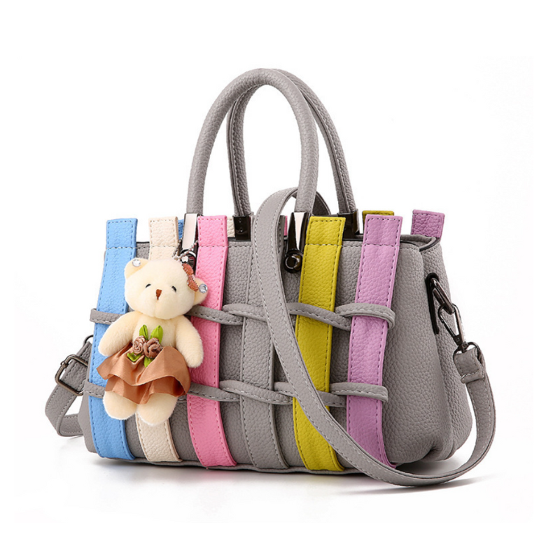 Chic Woven Handbag With Cute Bear Pendant