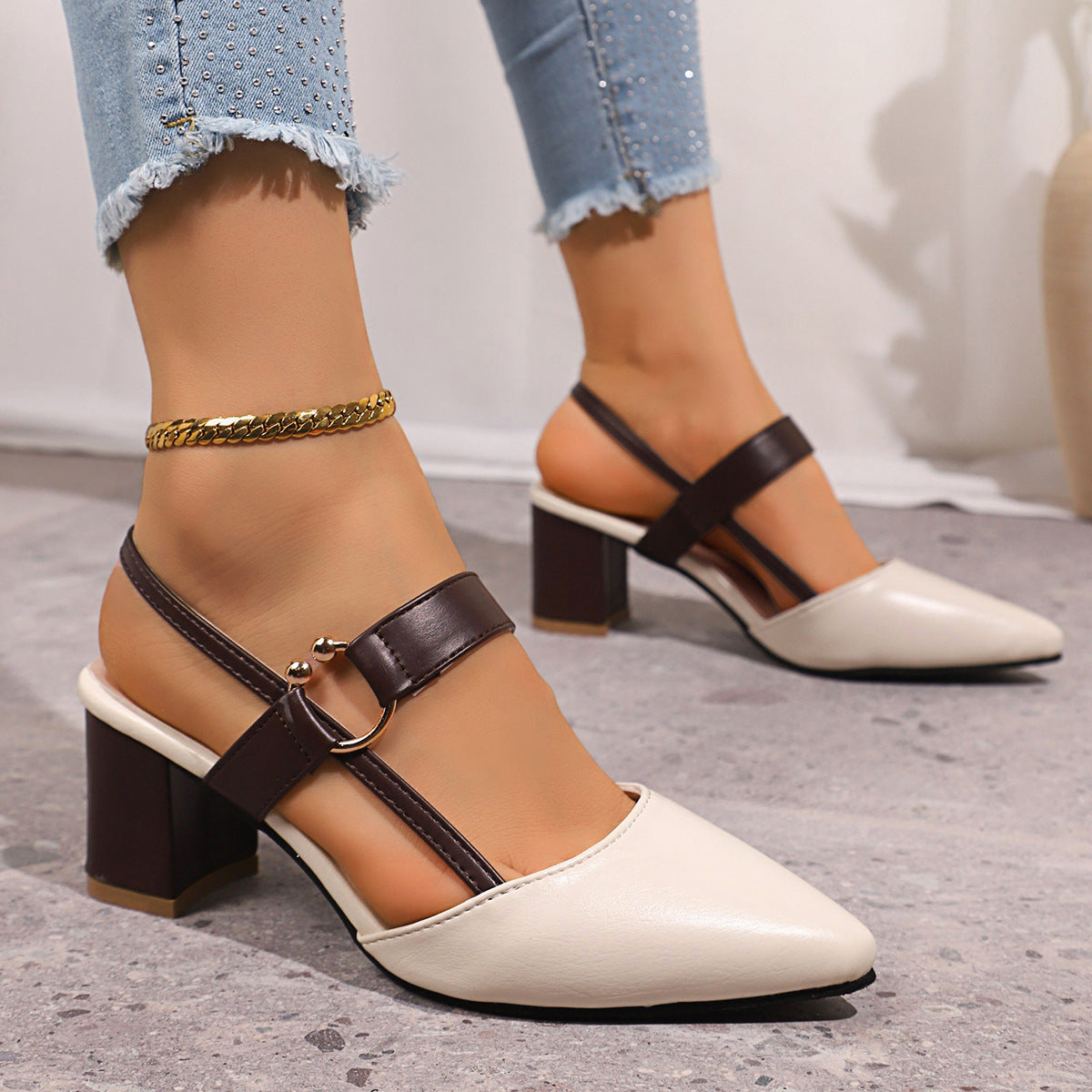 Pointed Toe One-Strap Chunky Mid-Heel Heels