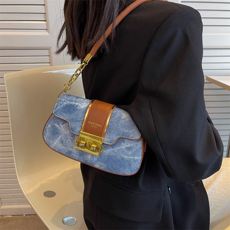 Retro Charm Denim Textured Shoulder Bag