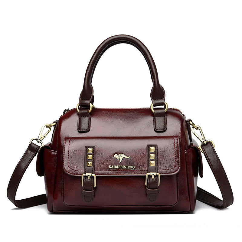 Rebel Stud Waxed Leather Boston Handbag