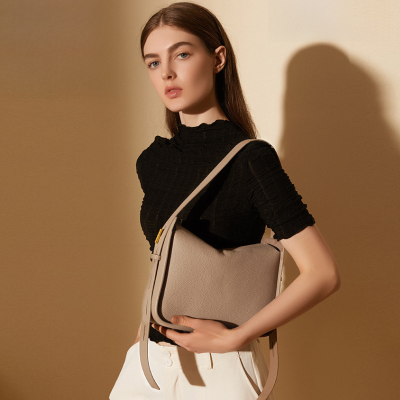 Lychee Textured Wide Strap Bucket Shoulder Bag