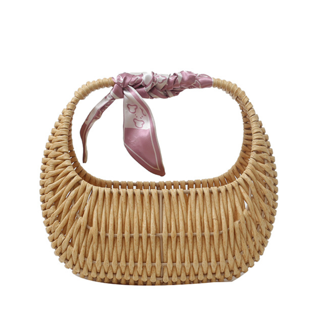 Silk Scarf Woven Straw Handbag