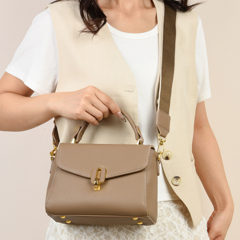 Lock Square Cowhide Textured Handbag