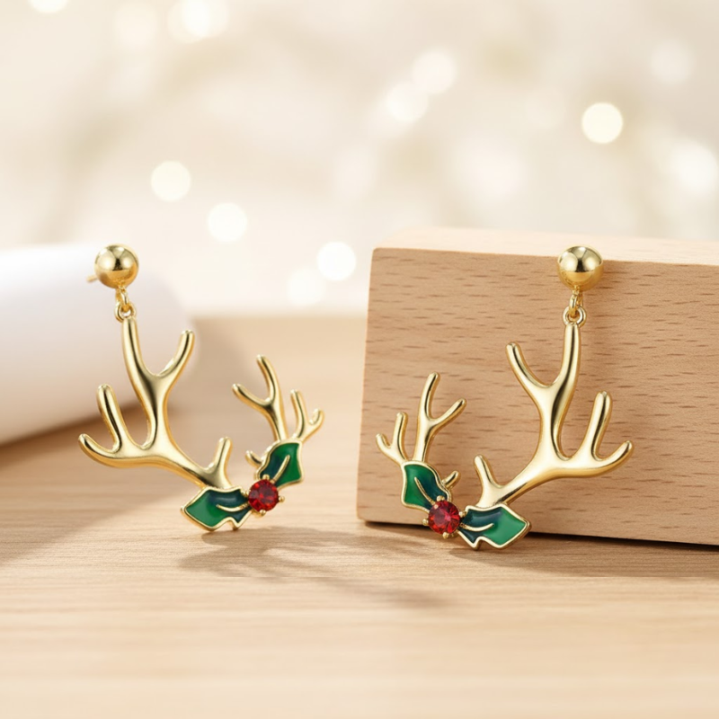 Asymmetric Green Bowknot Reindeer Earrings