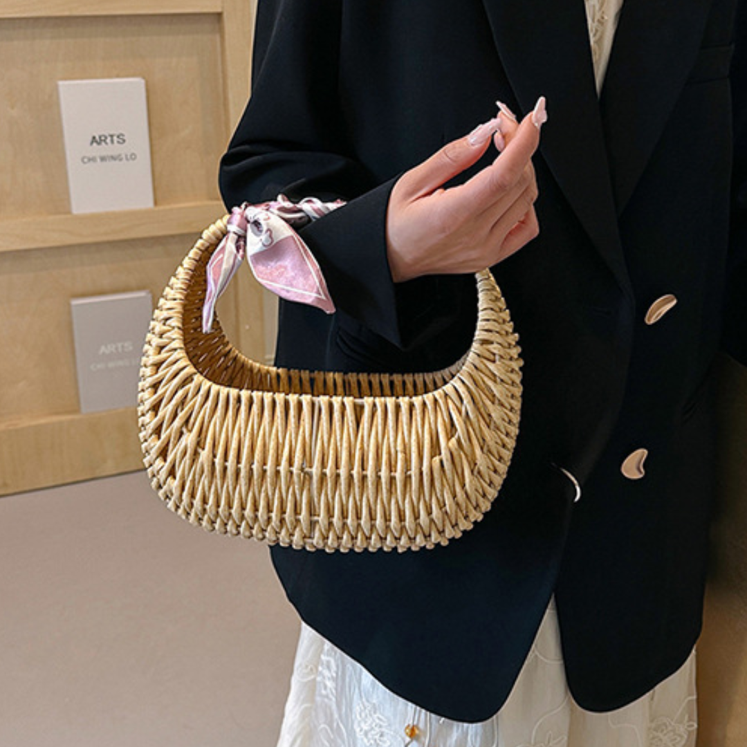 Silk Scarf Woven Straw Handbag