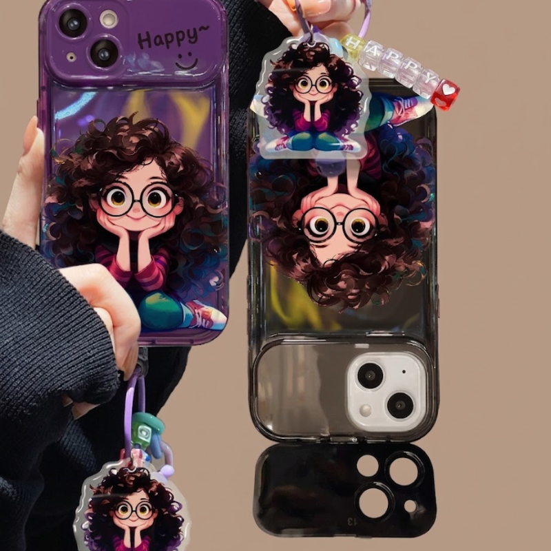 Frizzy Glasses Girl Pendant Flip Mirror Phone Case