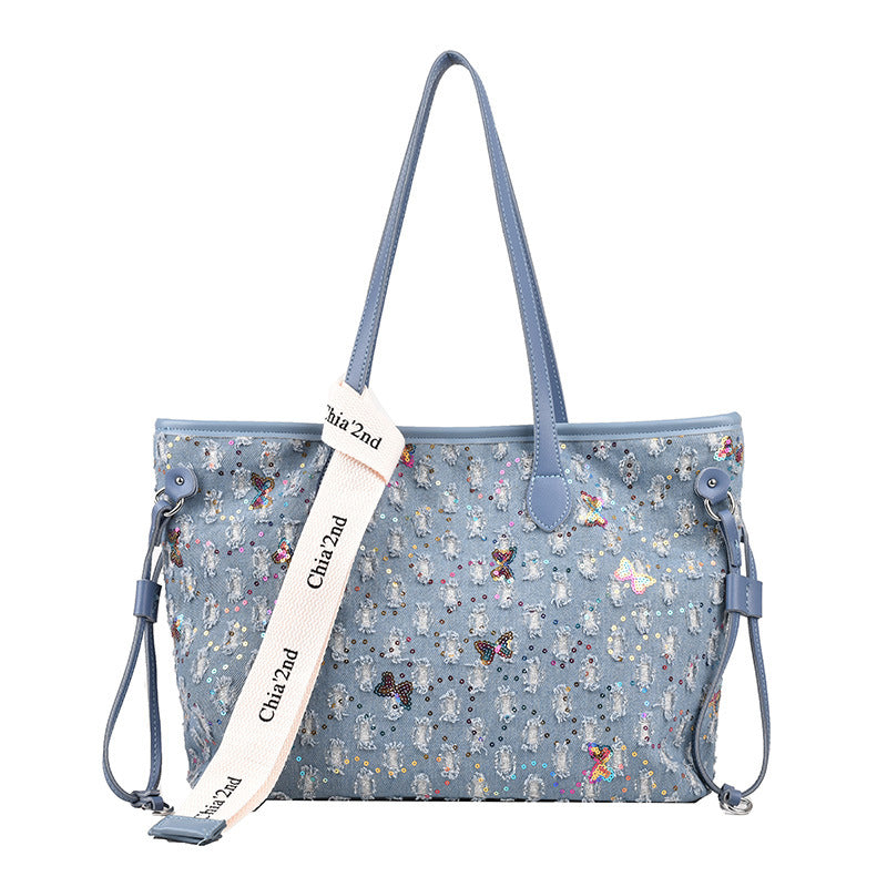 Denim Sequins Embroidered Tote Bag