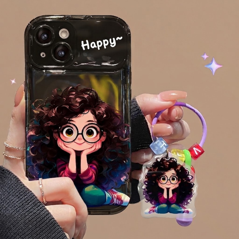 Frizzy Glasses Girl Pendant Flip Mirror Phone Case